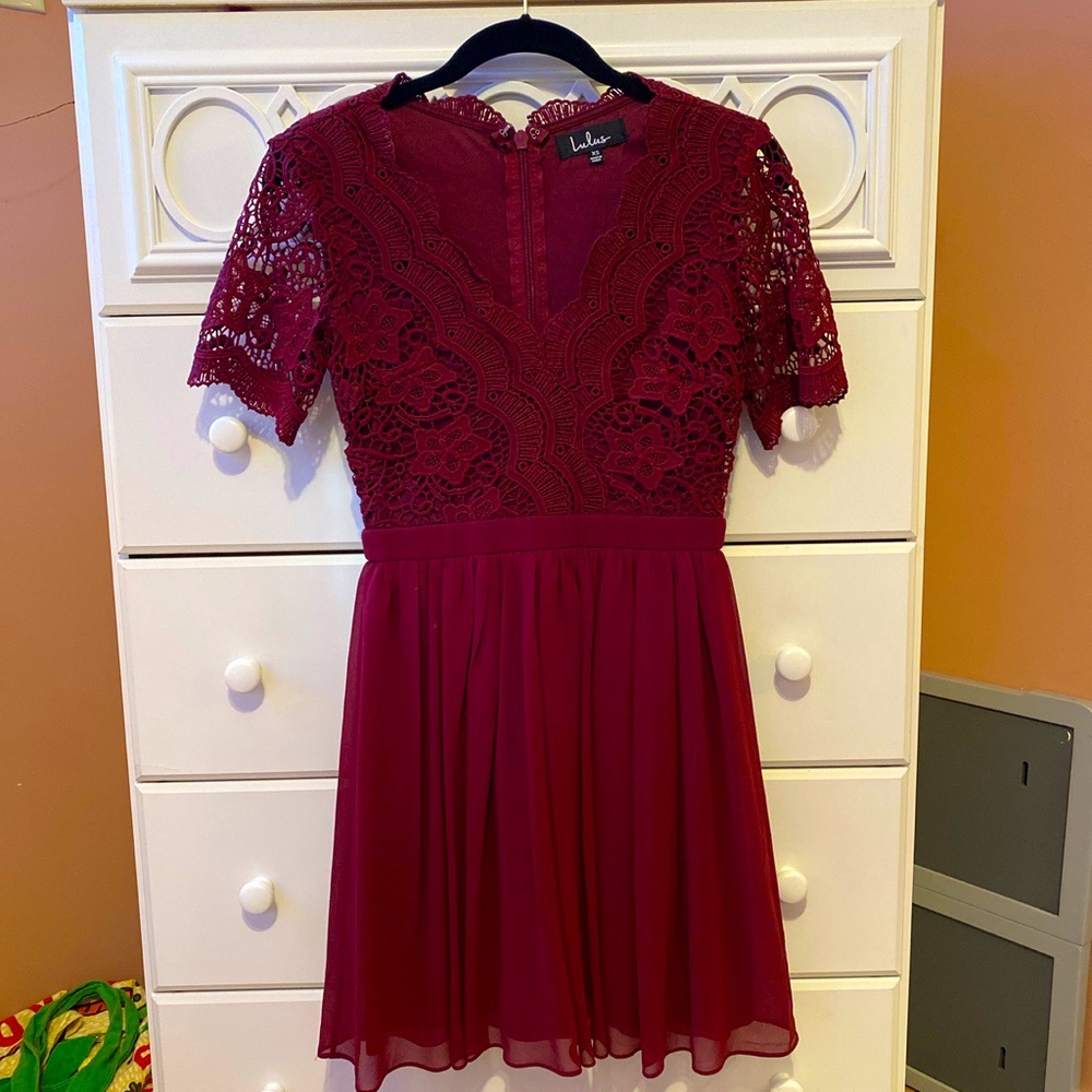 Lulus Angel in Disguise Burgundy Lace Skater Dress